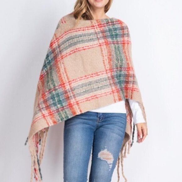 PLAID PRINT FRINGE SWEATER SHAWL PONCHO - Picture 2 of 7
